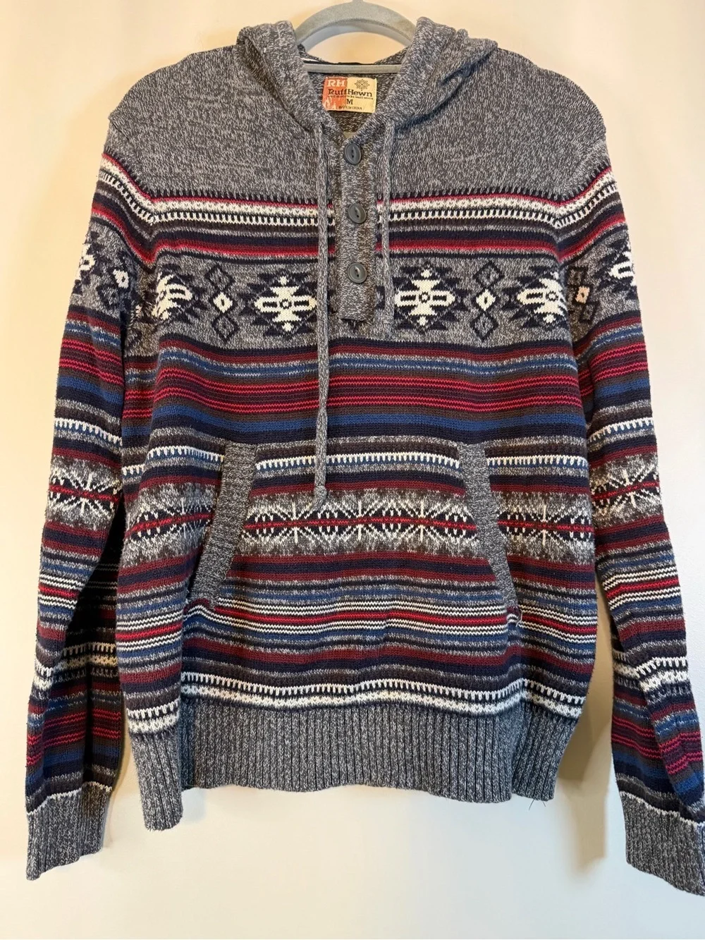 Ruff Hewn Gray Hooded Crewneck Sweater with Red and Navy Stripes